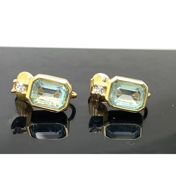 Christian Dior Earrings Gold Plated Blue Gemstone Emerald Clip Women's J… - Picture 1 of 13